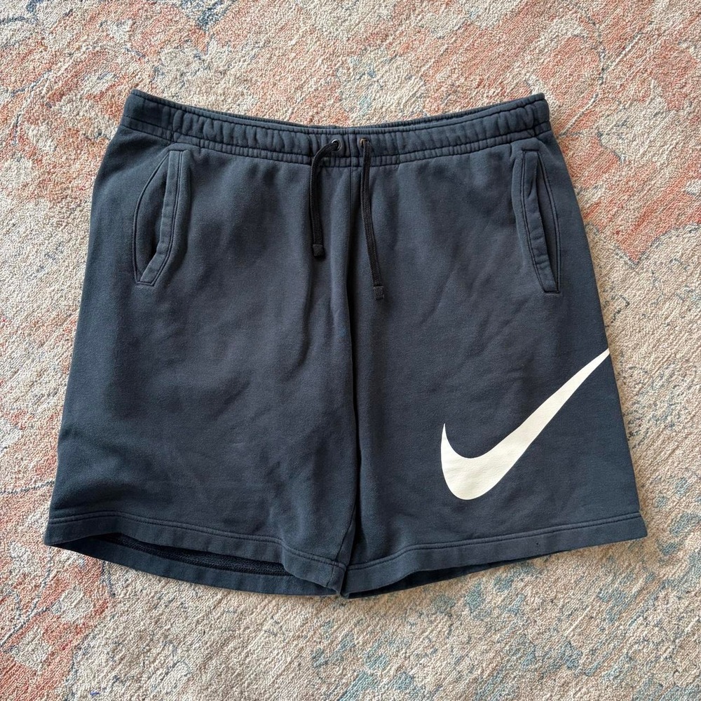 Nike Mens Black Sweat Shorts Big White Swoosh Fleece Athletic Gym Large L